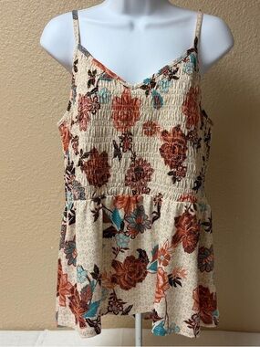 4/$15 Maurices Cream Floral Smocked Camisole with Rust & Teal Accents